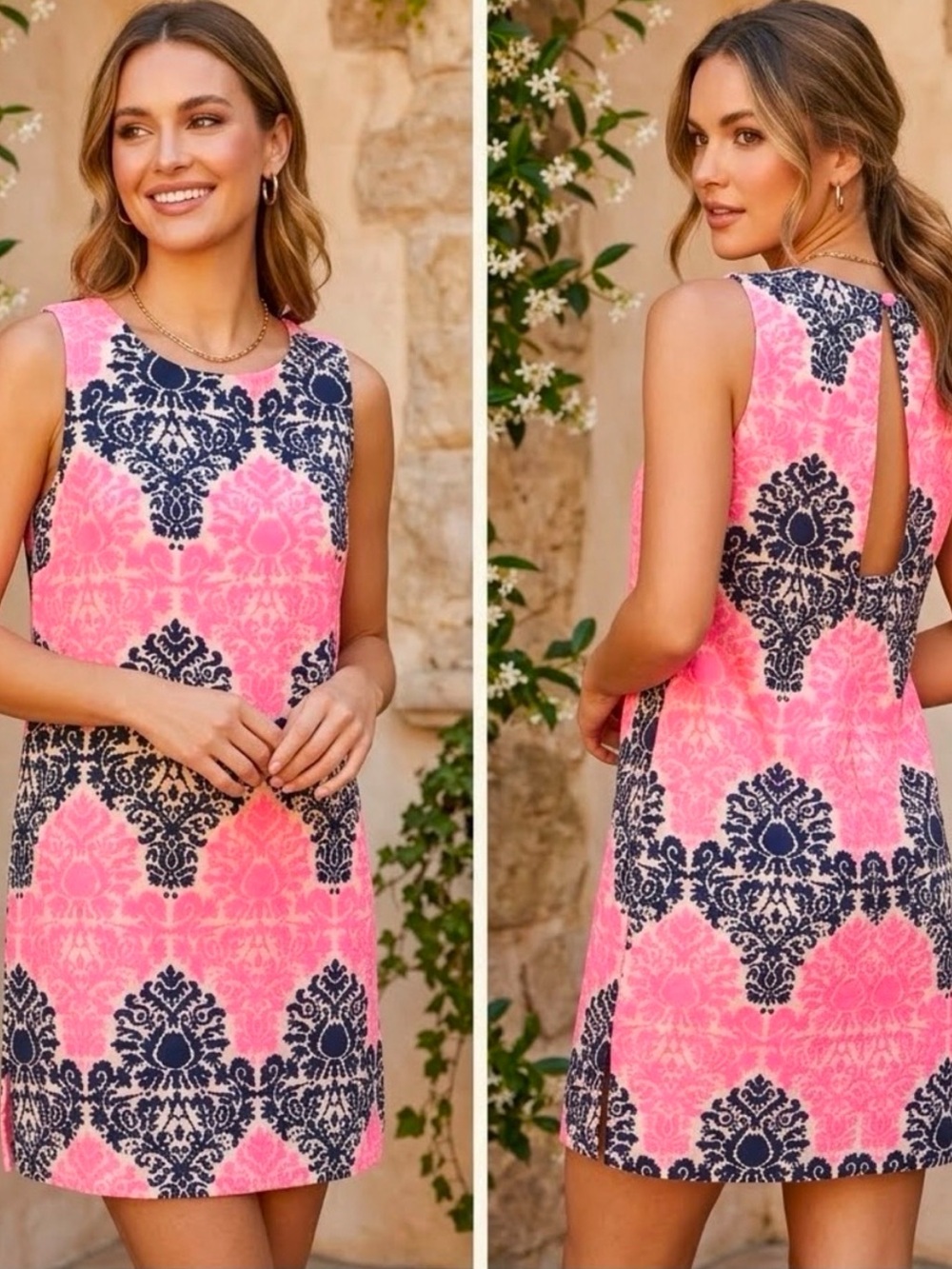 Monteau Sleeveless Open Back Printed Shift Dress Pink